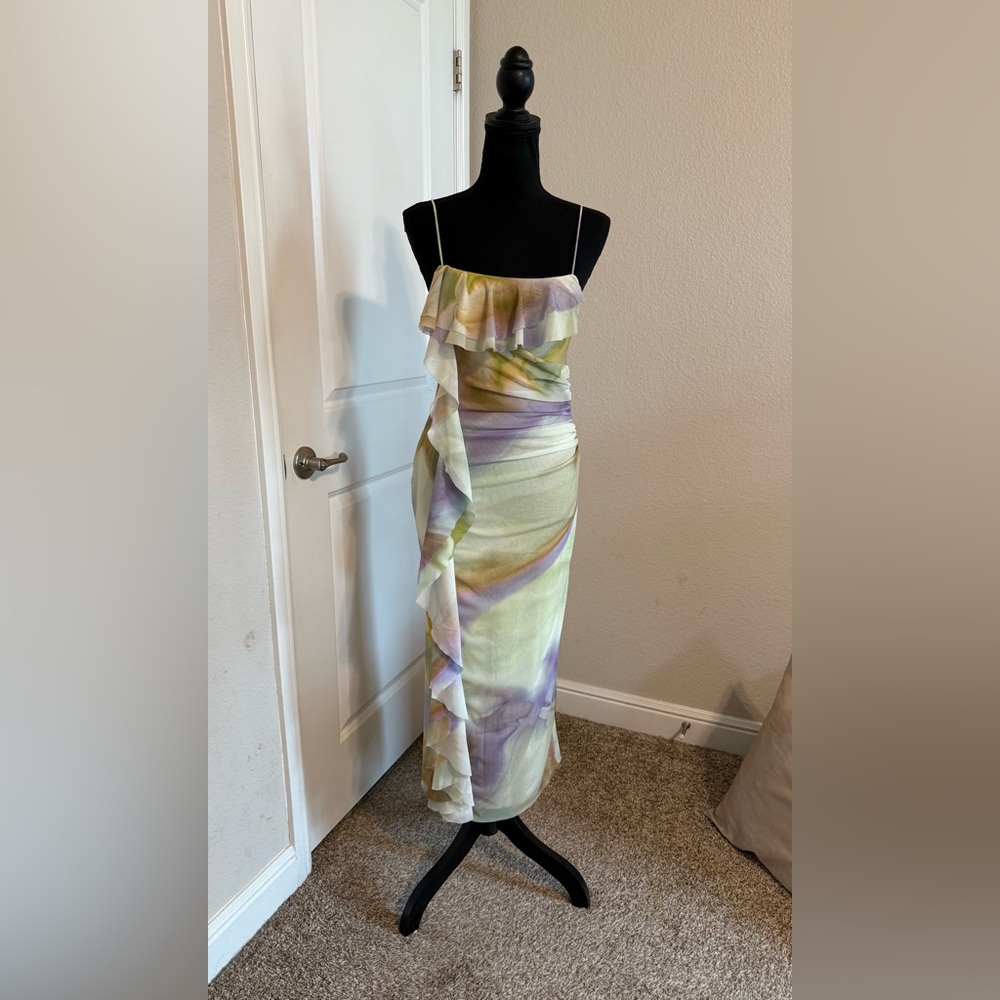 Zara SZ S Watercolor multi color Maxi Tulle Ruffle Dress Tie Dye Lined EUC